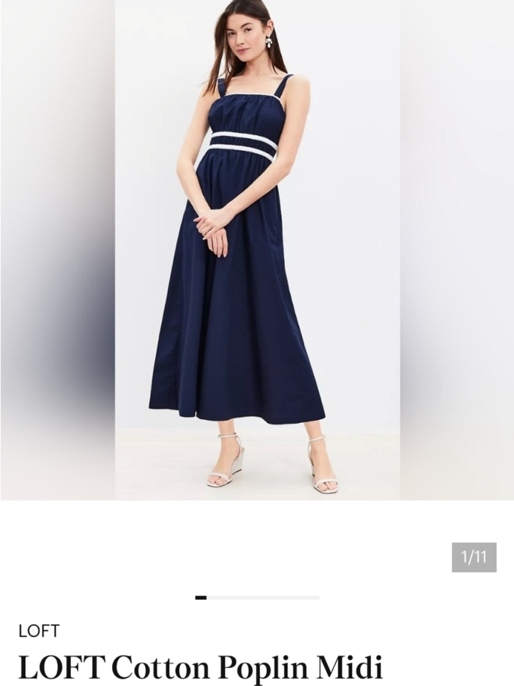 LOFT Navy Midi Dress with Contrast Striped Waist